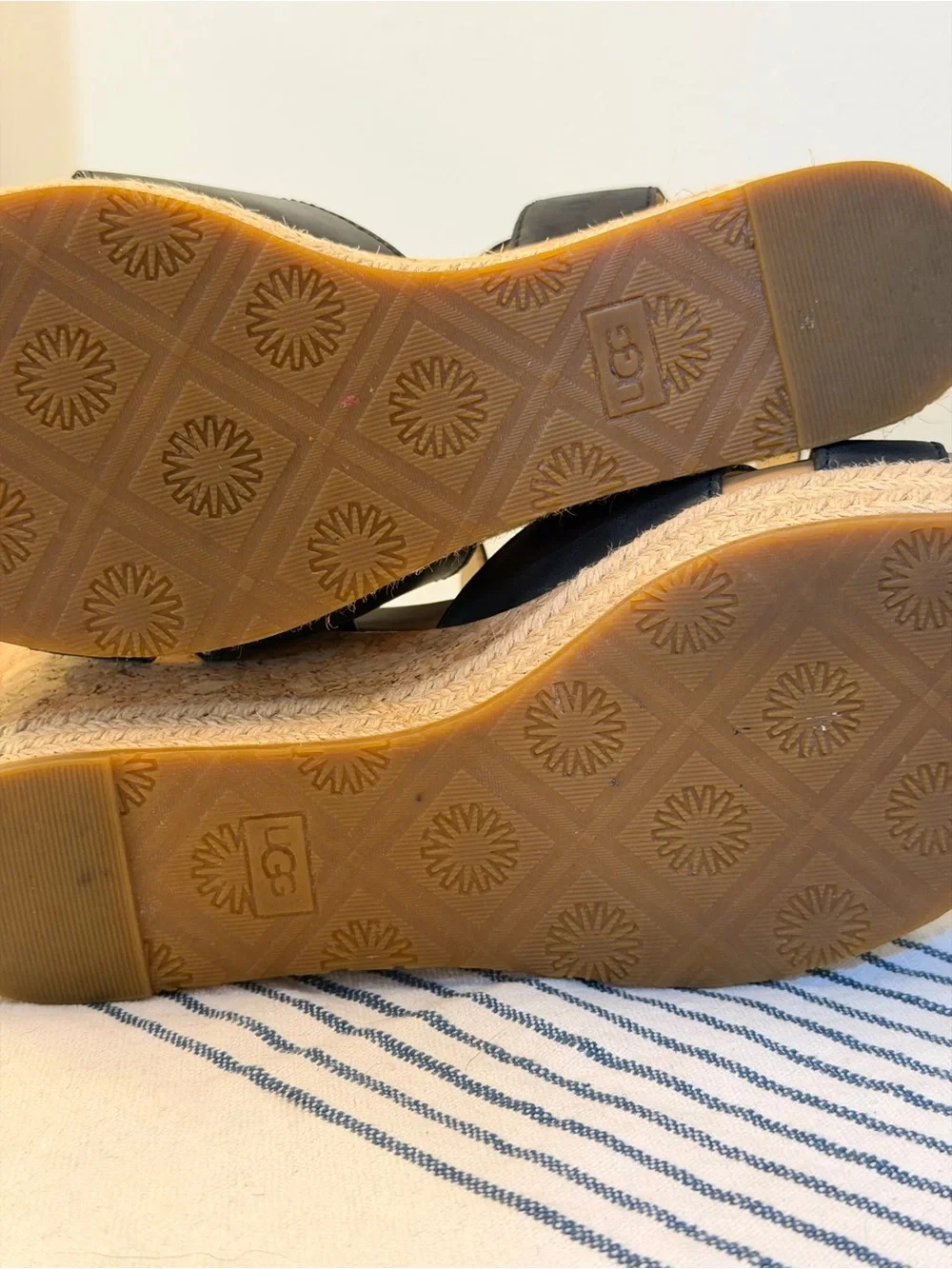 UGG Women’s 7.5 Black Leather Espadrille Cork Wedge Sandals